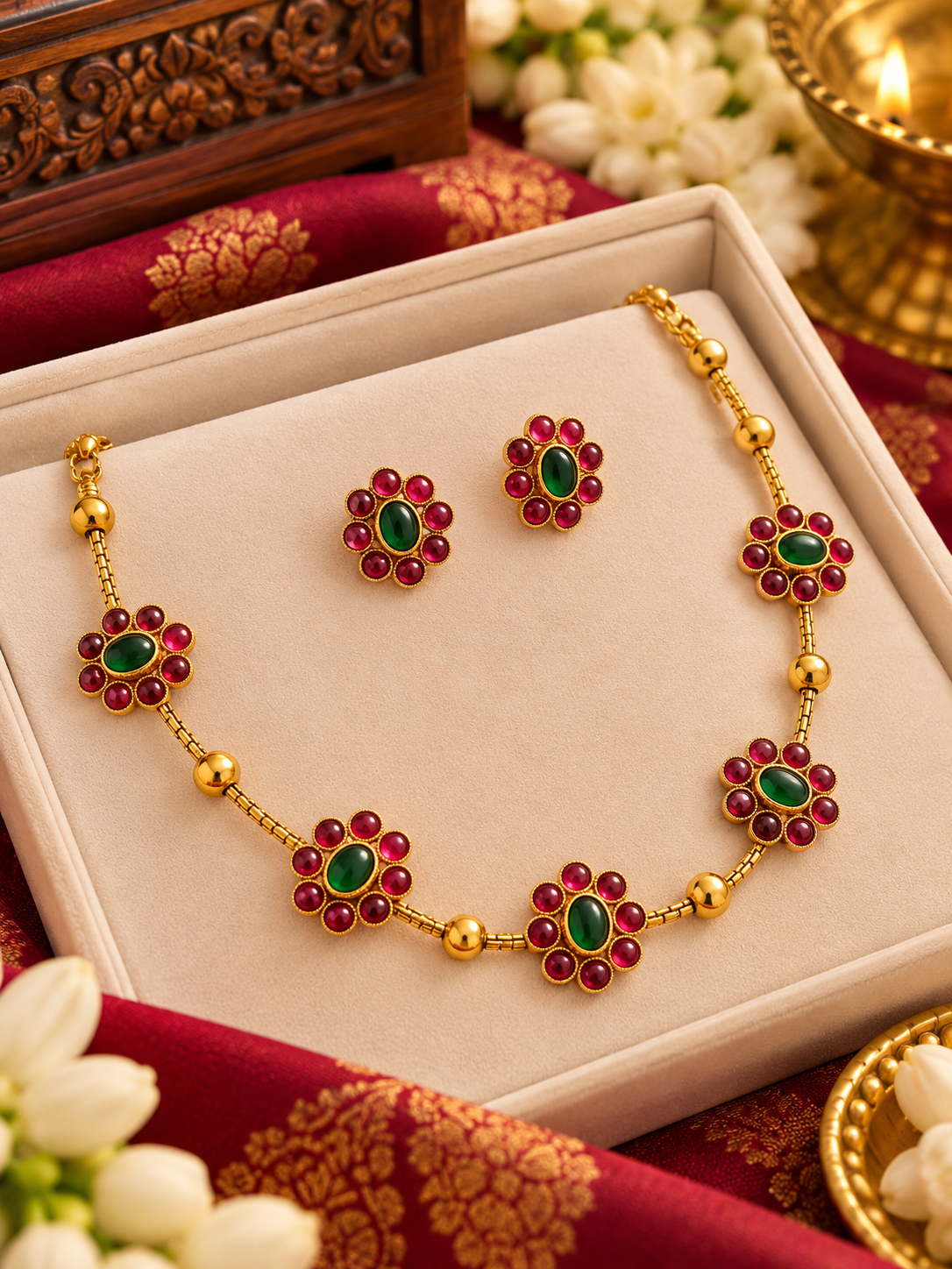 Traditional Ruby Pink & Emerald Green Floral Necklace Set with Earrings