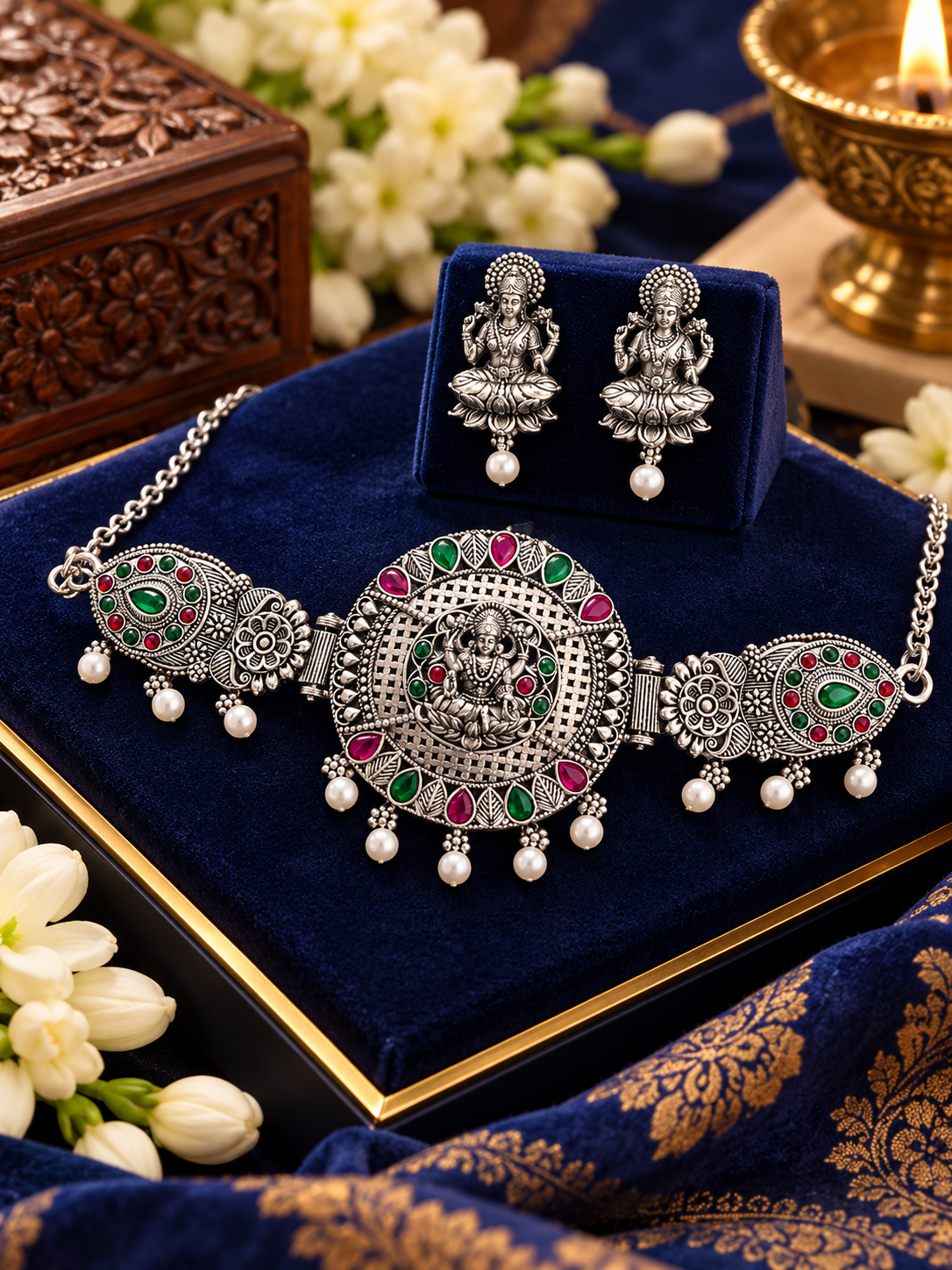 Oxidised Silver Goddess Lakshmi Temple Necklace Set with Pearl Drops