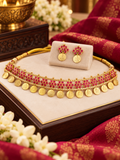 Traditional Ruby Pink Kemp Stone Kasu Mala Necklace Set with Earrings