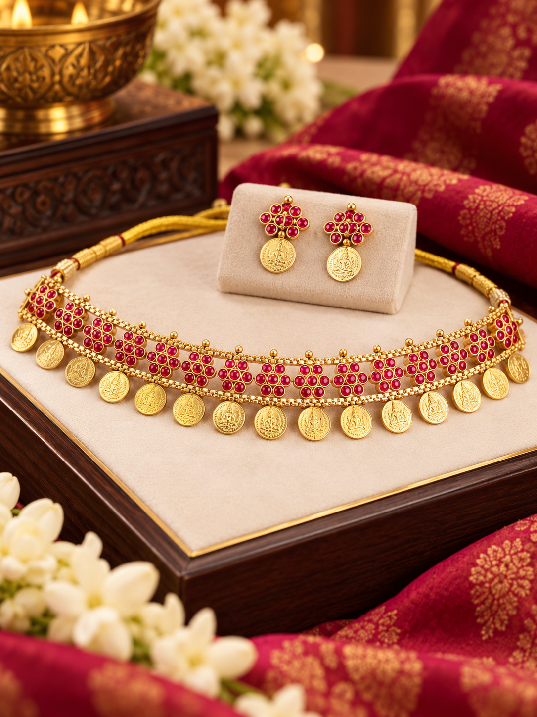 Traditional Ruby Pink Kemp Stone Kasu Mala Necklace Set with Earrings