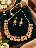 Traditional Lakshmi Coin Necklace Set with Earrings – Antique Gold Finish