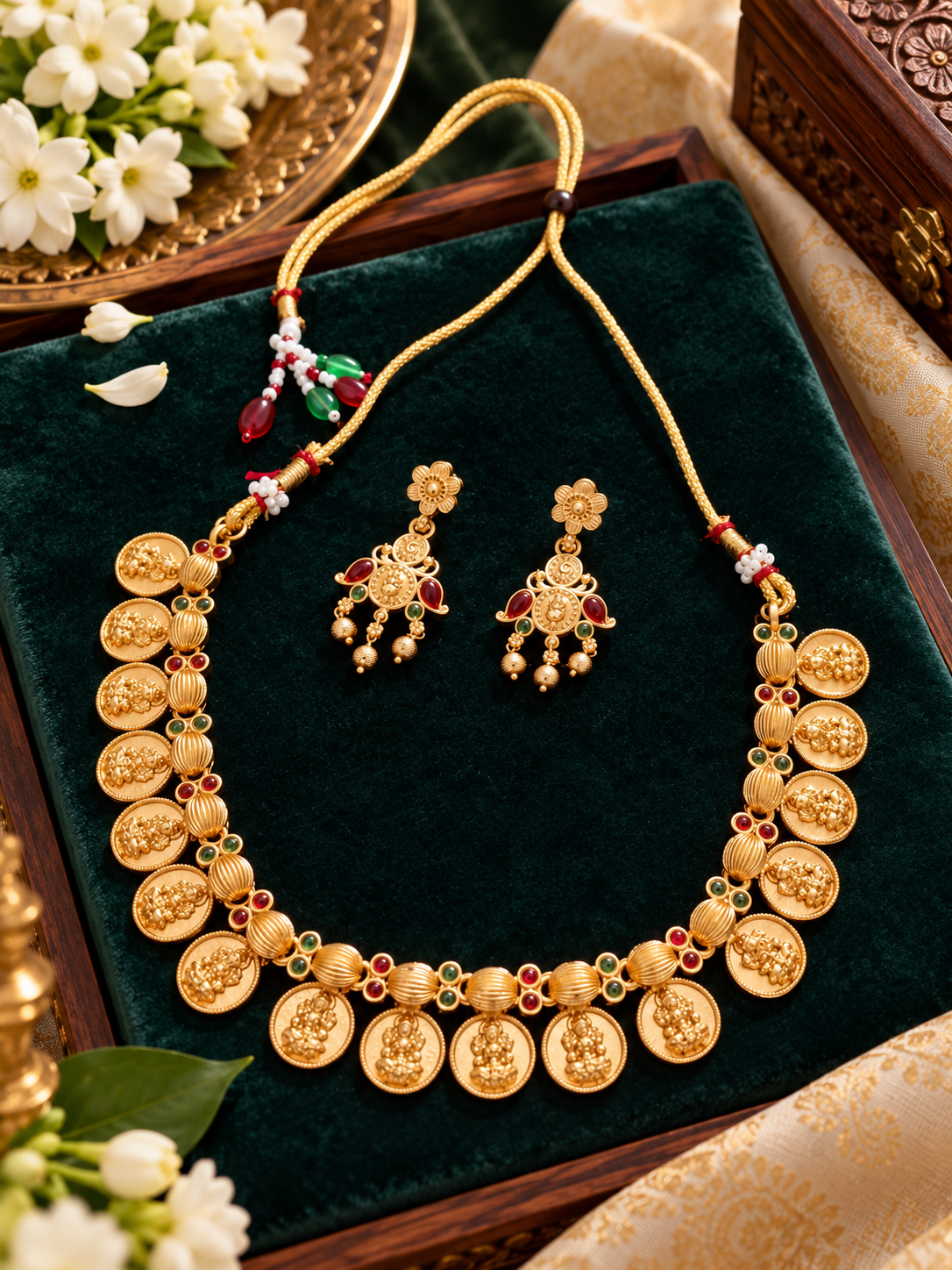 Traditional Lakshmi Coin Necklace Set with Earrings – Antique Gold Finish