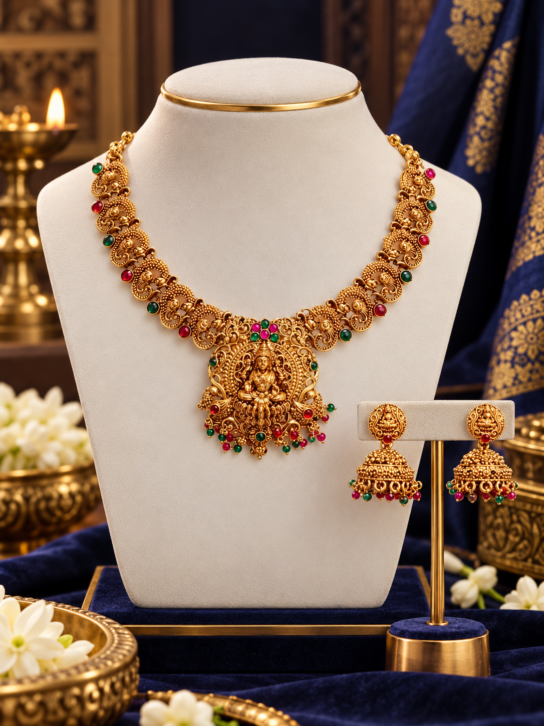 Traditional Antique Gold Finish Lakshmi Temple Jewellery Necklace Set with Jhumka Earrings