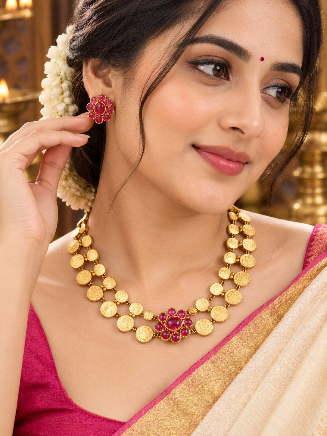 Traditional Gold Tone Kasu Mala Necklace Set with Ruby Pink Floral Earrings